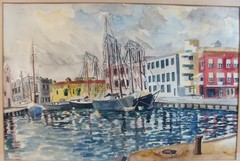 Antique Signed Marina Sailboats Seascape W/C Painting