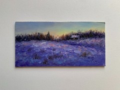 Original Miniature Oil Painting Winter Evening Snow Landscape 4×8 Signed