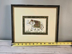 VTG India White Elephant Trunk Up Original Silk Painting on Fabric Hand Painted