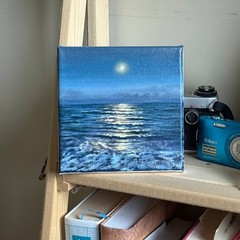 Moonlight Ocean Painting Small Canvas original signed night sky seascape waves