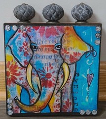 Original Art Print on Cradled Wood Surface, 8 x 10, Whimsy Elephant, Mixed Media