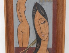 Udom Thai Vintage Modernist Painting Wood Carving Woman Still Life Figure