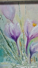 Original oil painting, signed, framed Spring flowers crocuses 4x4inches