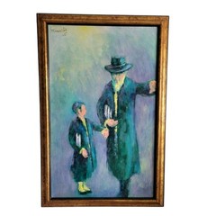 Hasidic Rabbi And Child Judaica Painting Signed Moderslak 1970 Framed