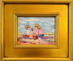 KADLIC Original Oil Painting Children Boy Girl Child Impasto Gold Gilt Framed