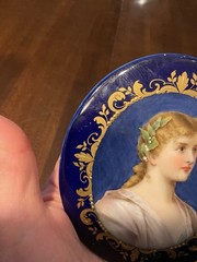 Antique Porcelain Plaque Painting Portrait Young Lady Flowers in Gold Blue Frame