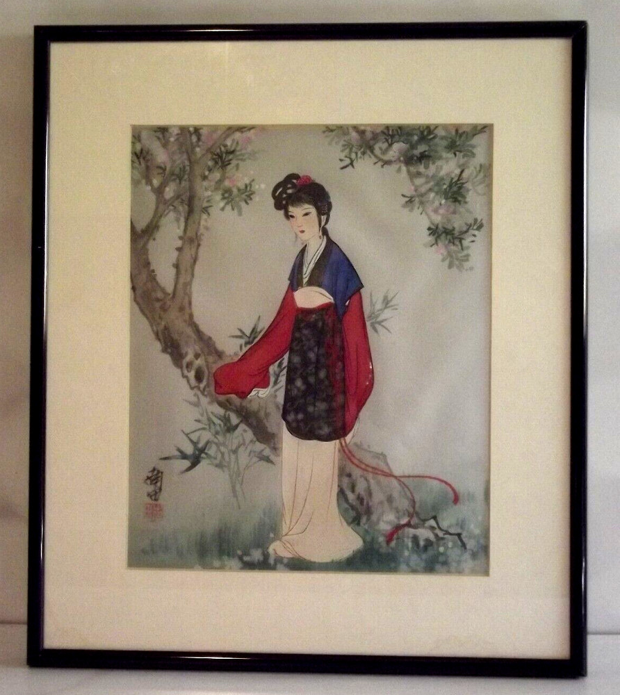 MCM Vintage Japanese Painting on Silk Beautiful Woman in Kimono