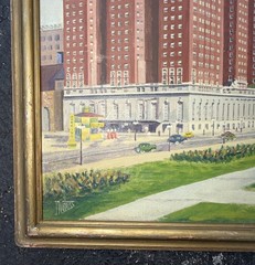 1930’s Signed J Weyers Oil On Board Of A Cityscape W/Hotel & Cars