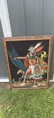 Vintage MidCentury Mexican Black Velvet Painting Aztec War Hand Carved Frame