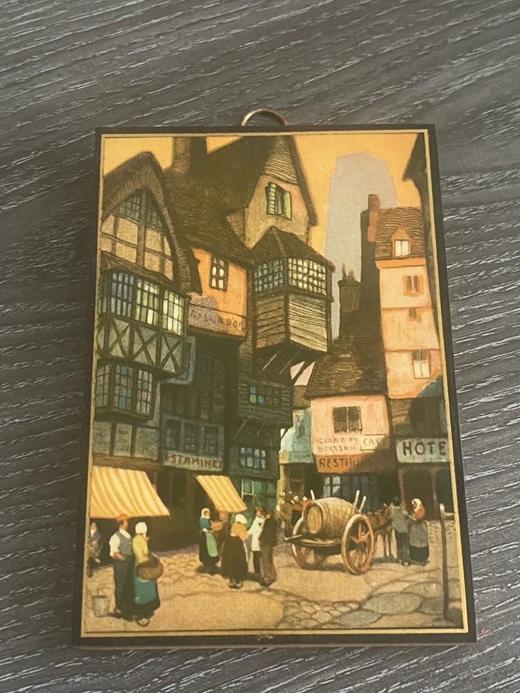“ British artist Ernest Uden – Vintage “Old Time Picardy” 3”x 5” Wood Plague