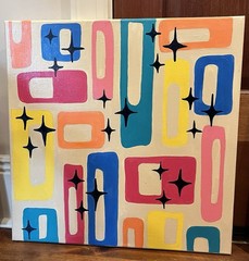 Three Canvases Painted In Acrylic In Mid Century Style Modern Colors