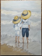 SIGNED Vtg Original Painting on Canvas Children at Seaside Beach 12×16 Coastal