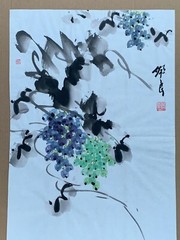 CHINESE JAPANESE ASIAN CALLIGRAPHY SIGNED INK-WATERCOLOR PAINTING GRAPES FRUITS
