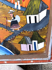 Vintage Tigua Folk Art Village Town Painting Sheepskin Canvas Ecuador 31×23″