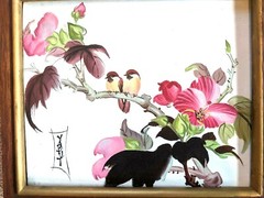 Painting Birds in Fruit Tree Oriental pink Original Asian Look Blossoms Framed