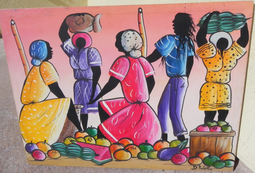 Caribbean Haitian or Jamaican art colorful oil painting figures signed D Roberts