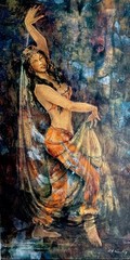 Original Paul (Pawel) Kontny Oil & Gold Leaf Painting Belly Dancer 26.5”x17”