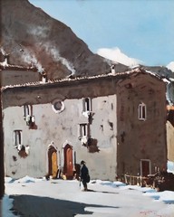 Snowfall in an Old Italian Village Winter Landscape Vintage Oil Painting signed