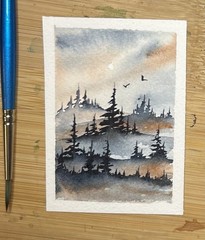 ACEO Side Lake, Original Watercolor Painting, Landscape Signed By Sasha Lehto