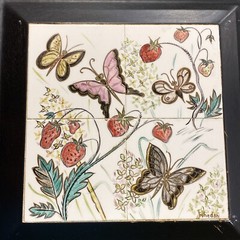 Aida Whedon Mid Century Hand Painted Tile Butterfly Strawberry Field Wood Frame