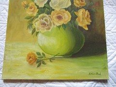 Vintage Yellow flower ROSES original oil painting by BOND large