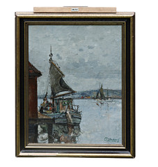 Jens Sinding Christensen Harbour With Sailboats Oil on Wood Signed Painting