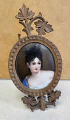 Antique Miniature Plaque GIRL WOMAN Porcelain Portrait Painting in Carved Frame