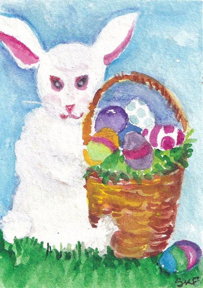 ACEO Original White Bunny Rabbit, Easter basket, eggs watercolor painting