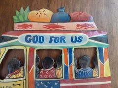 Signed Mario Normil Hand Painted Metal Haitian Bus Wall Hanging “ GOD FOR US“