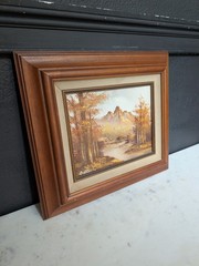 Vtg Landscape Oil Painting Artist Signed Autumn Forest River Chunky Wood Frame