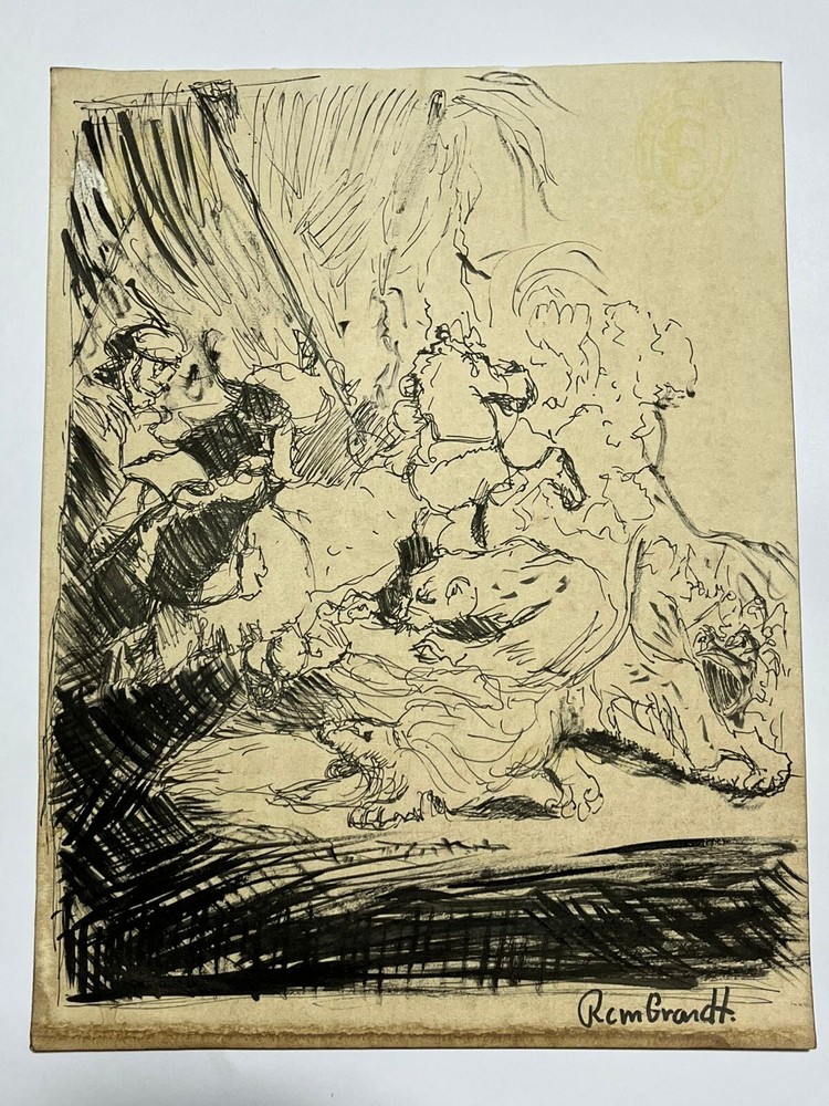 REMBRANDT drawing and painting on old paper signed stamped vintage