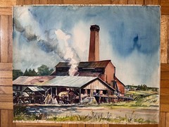 Vintage 1940s Watercolor Painting Sawmill William Rockliff Claxton 28×22.5 Sigd