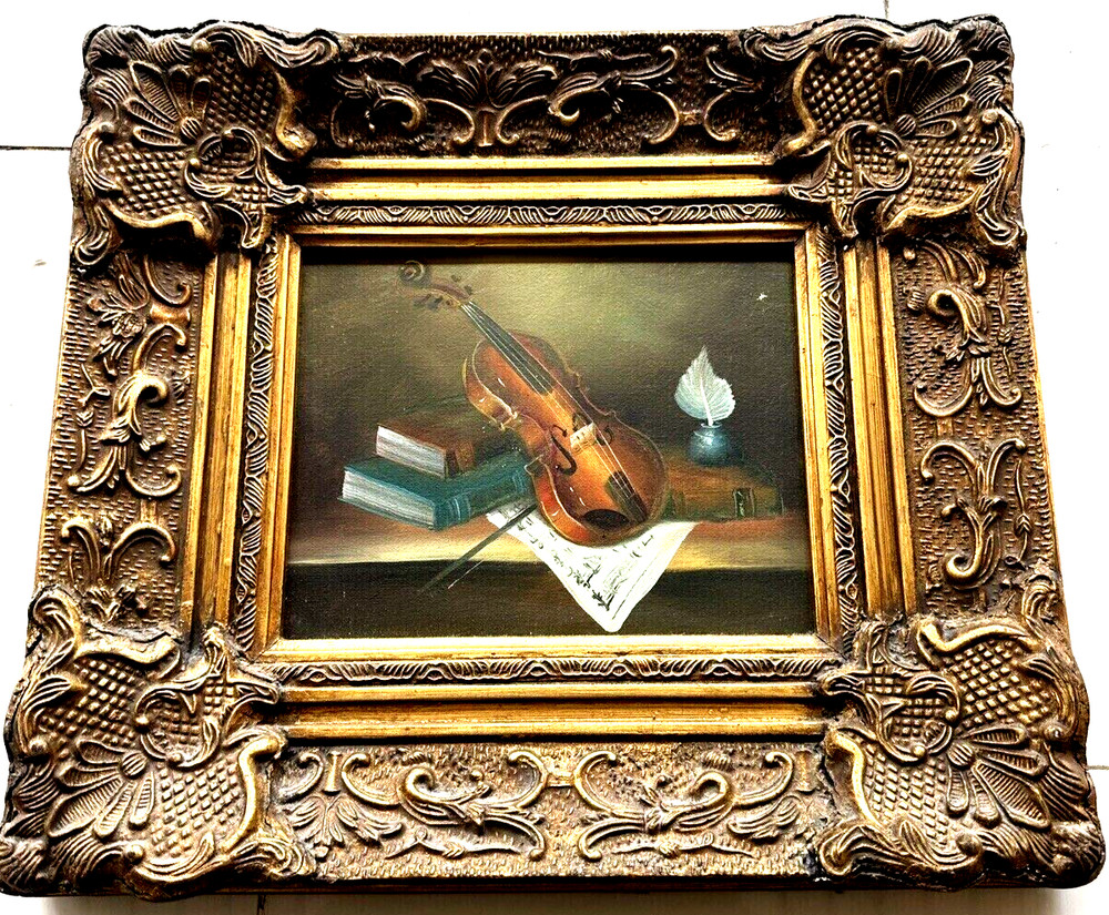 Oil Painting on Wood – Still Life with Violin and Pen, Polish Origin