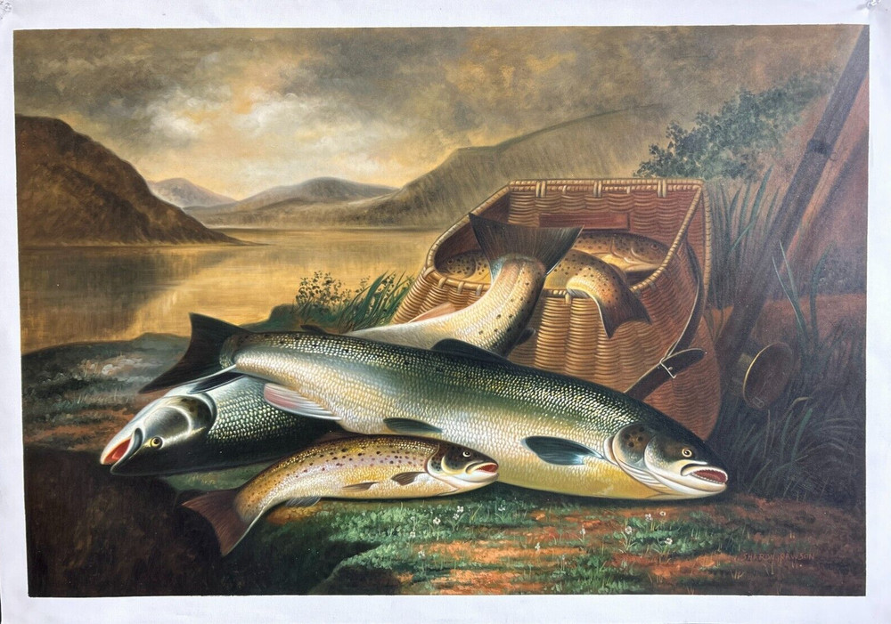 Fishing Day Catches by the River 36 x 24 Oil Painting on Canvas