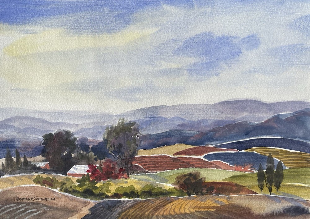 8”x11” Original Pamela Wilhelm Folk Style Patchwork Farm Pastoral Watercolor