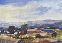 8”x11” Original Pamela Wilhelm Folk Style Patchwork Farm Pastoral Watercolor