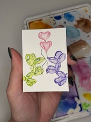 ACEO Original Watercolor Painting 2.5×3.5in -gree And Purple Balloon Dog In Love