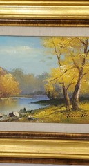 LANDSCAPE PAINTING river through trees canvas art in wood frame SIGNED by artist