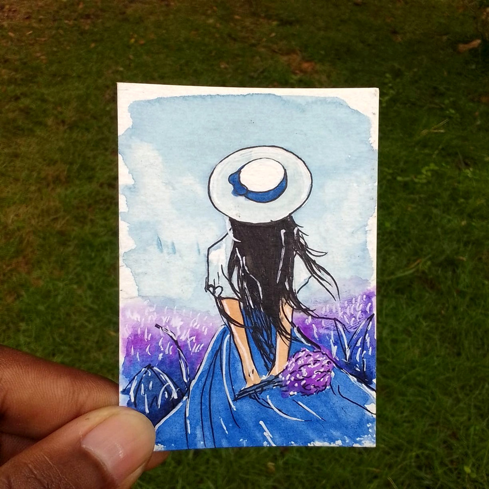 ACEO Original Watercolor Painting Girl Hat Lavender Flower Field Landscape OOAK
