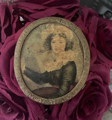 Vintage Antique Mini Lady Portrait Wall Hanging In Brass Gold Tone Metal Frame
