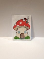 ACEO Original- Whimsical Red Mushroom Cottage Fairy House Art