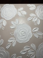 Textured Floral Painting Featuring A Three Dimensional White Rose Beige Canvas