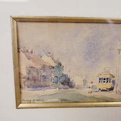 JAMES R JACKSON WATERCOLOR CABLE CAR CITY PEOPLE HOUSES FRAMED MATTED ART SIGNED