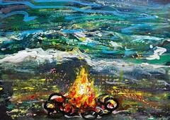 ORIGINAL ACEO Painting BEACH Fire Stars Ocean CAMPFIRE Bonfire Camping ATC ART