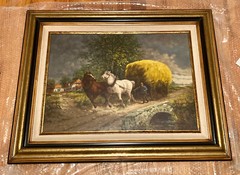 Original European painting of horse and hay carriage