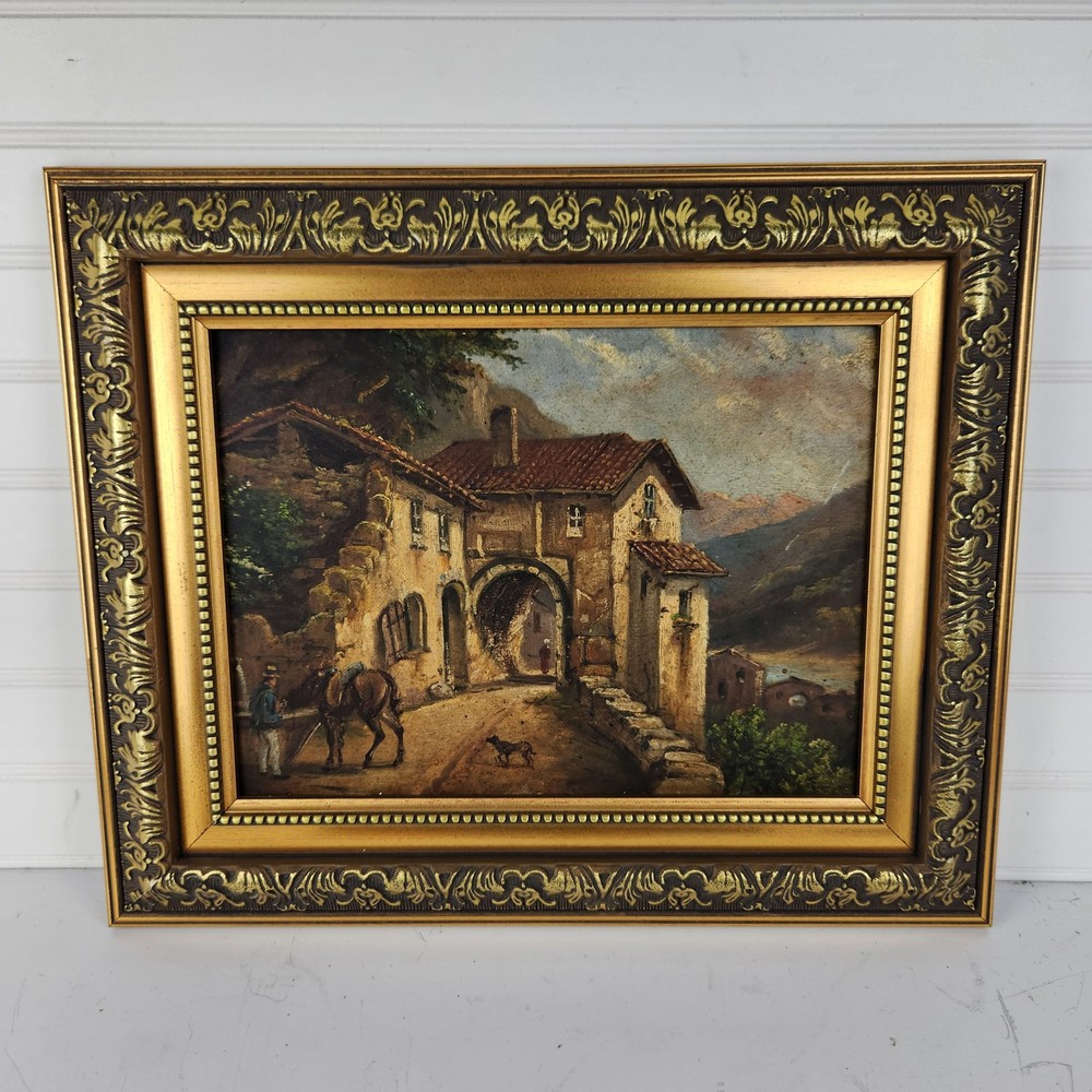 Vintage Original Oil Painting Framed Rustic Village Scene Man Donkey Dog