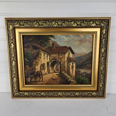 Vintage Original Oil Painting Framed Rustic Village Scene Man Donkey Dog
