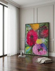 Large Abstract Floral Painting, Original Acrylic Oil Pastel Wall Art
