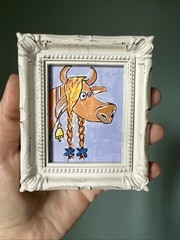 Funny Cow,whimsical ,funny,cute,original,miniature Painting,small,mini,framed