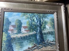 Cesare A. Ricciardi (1892 – 1973) „Canal Landscape With Homes“ Oil Painting